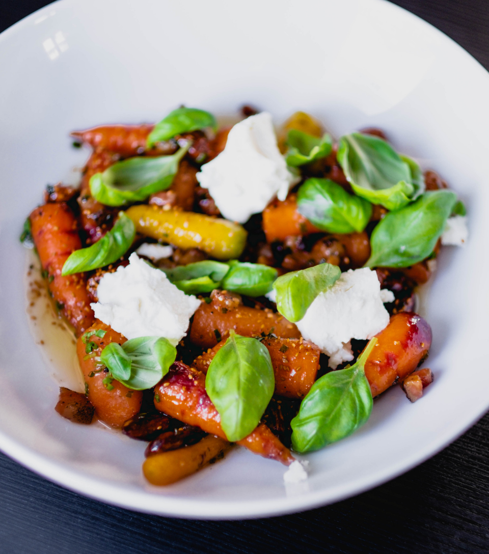 Roasted carrots with rosemary honey, bacon, goat cheese and smoked almonds by Chef Pascal Turgeon of Restaurant Tandem