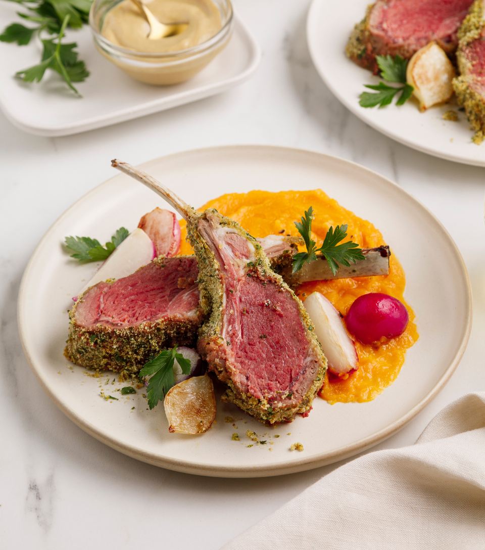 Herb-Crusted Lamb Racks and Seasonal Squash Purée with Brown Butter