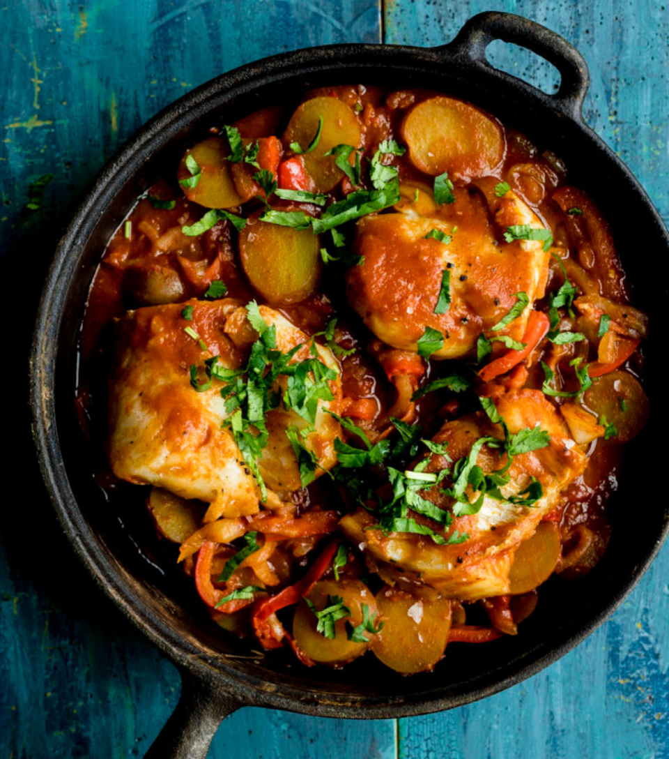 One Pot Fish Casserole with Peppers and Tomatoes