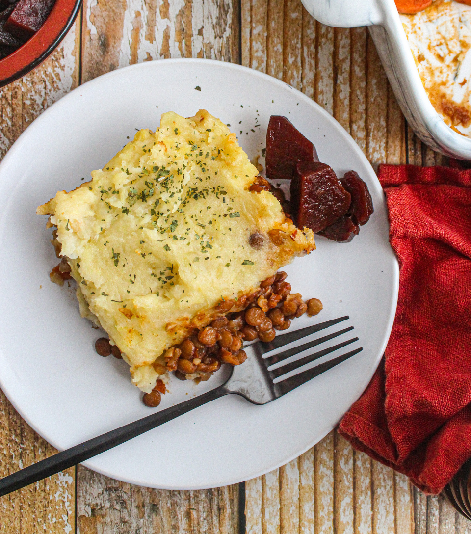 Lentil shepherd’s pie with parsnip and potato purée