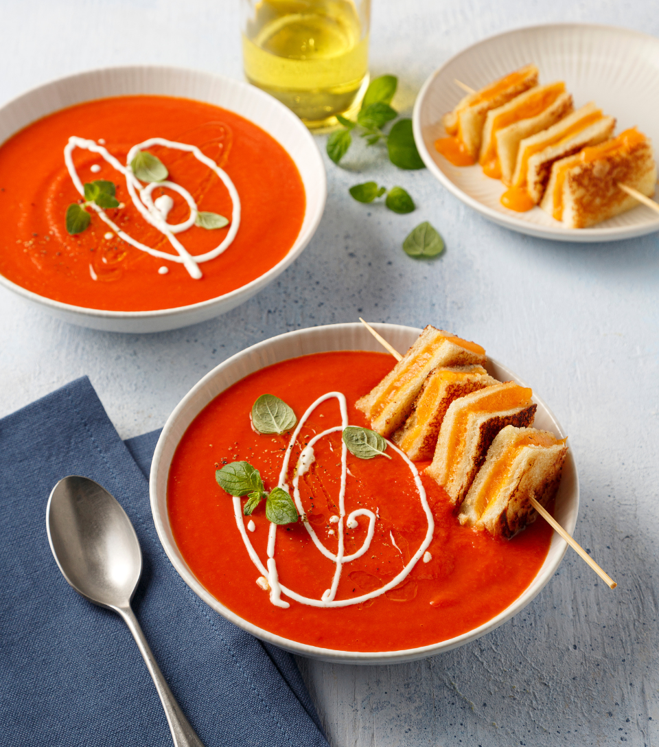 Tomato and carrot soup with mini grilled cheese brochettes