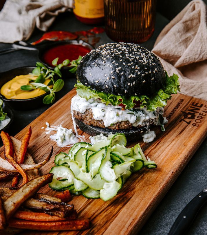 Lamb Burgers with Tzatziki and Boreal-Spiced Fries From Restaurant Le Baumier