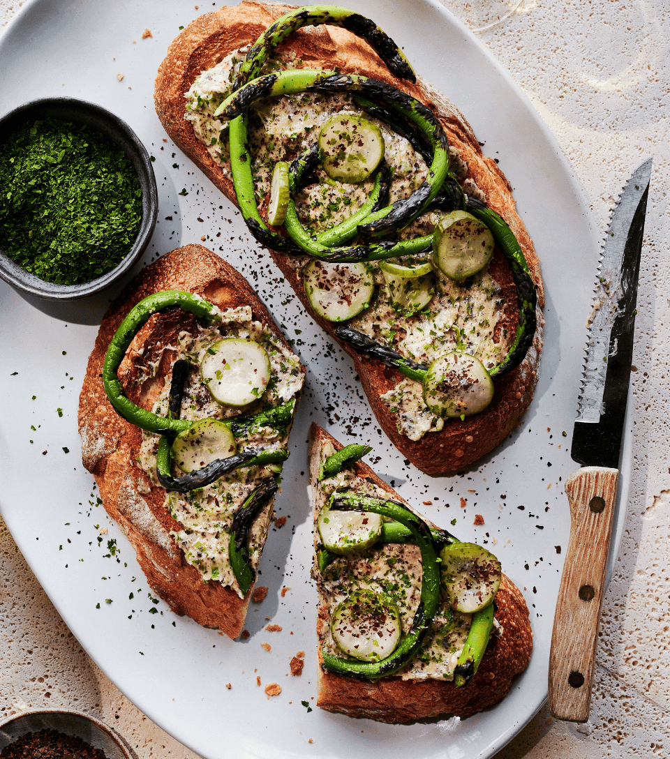 Pickle and Roasted Garlic Flower Toasts