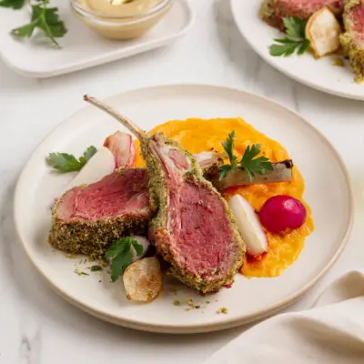 Carres dagneau en croute de fines herbes et puree de courge