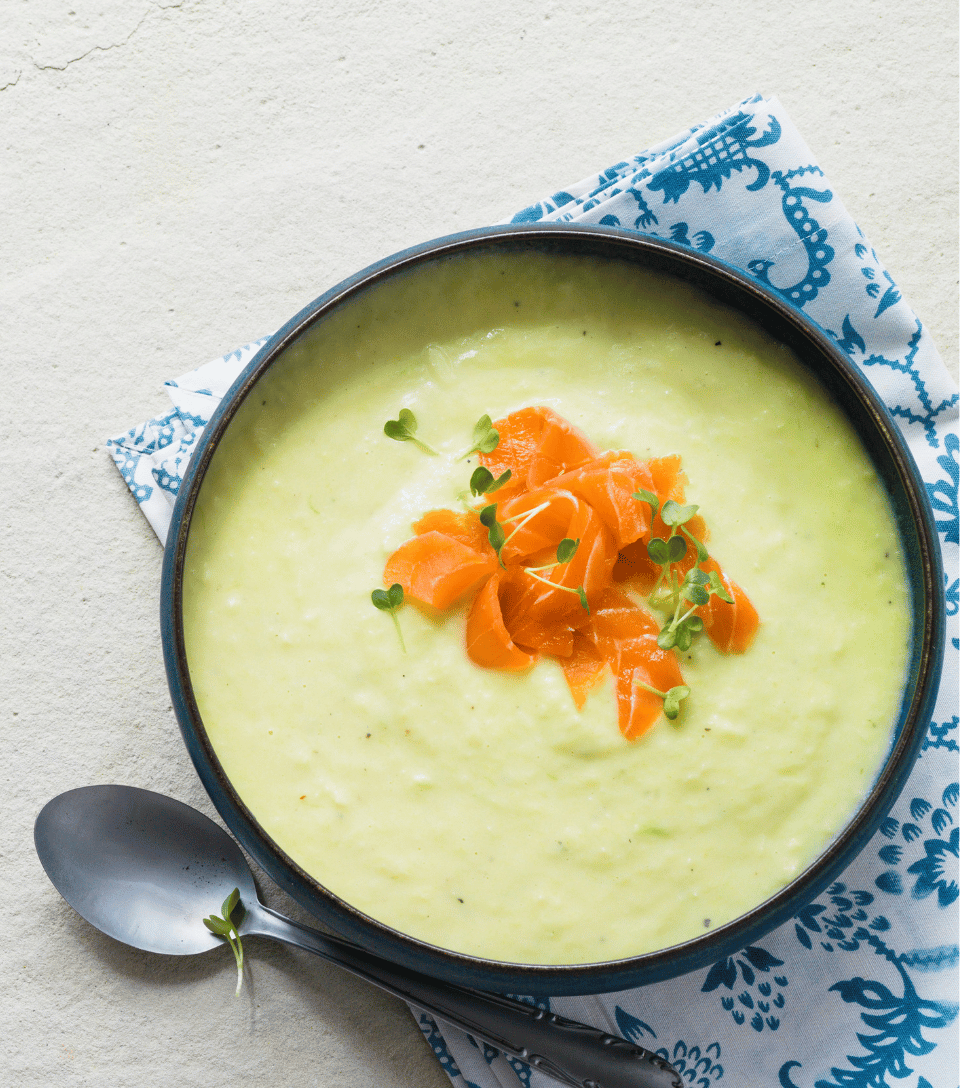 Leek soup with smoked salmon topping