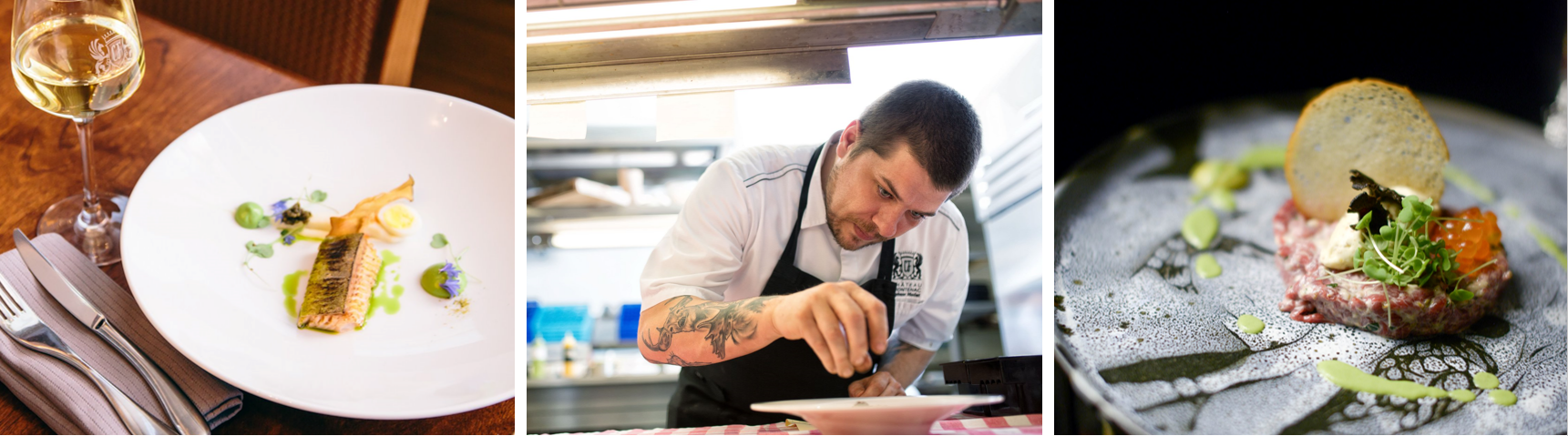 Le Chef Stéphane Modat et des plats qu'on peut déguster au restaurant Le Champlain,