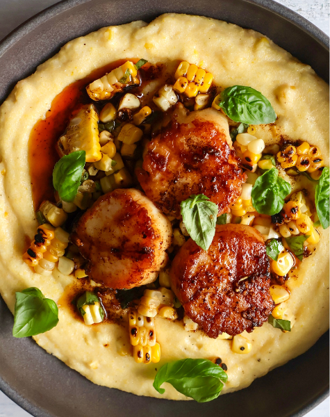 Scallops on creamy polenta with grilled sweet corn